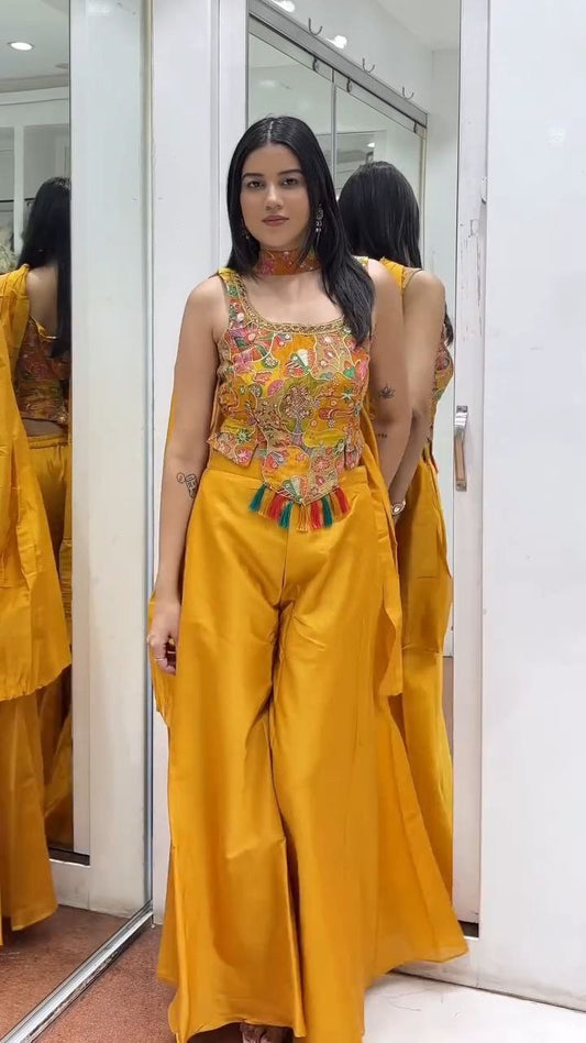 Mustard Yellow Multicolor Embroidered Palazzo Set