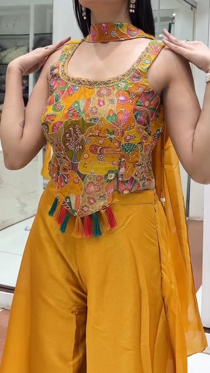 Mustard Yellow Multicolor Embroidered Palazzo Set