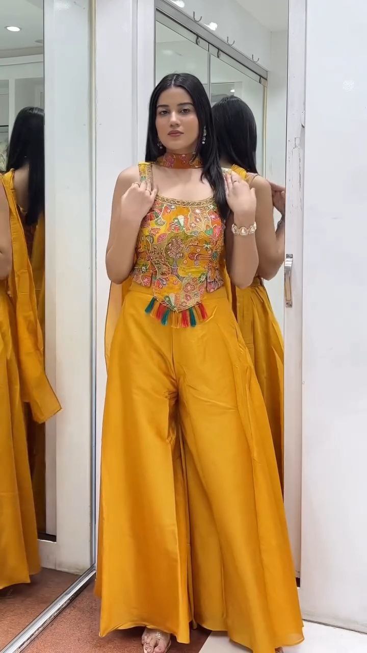 Mustard Yellow Multicolor Embroidered Palazzo Set