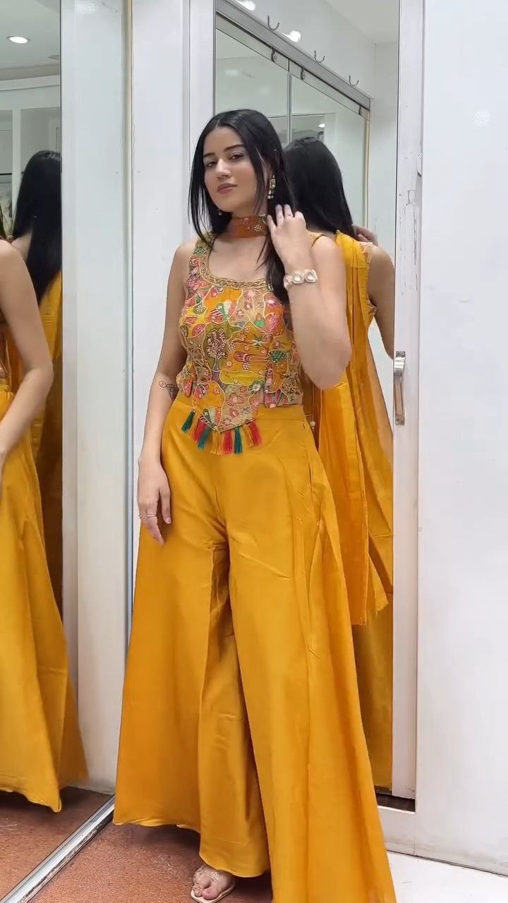 Mustard Yellow Multicolor Embroidered Palazzo Set