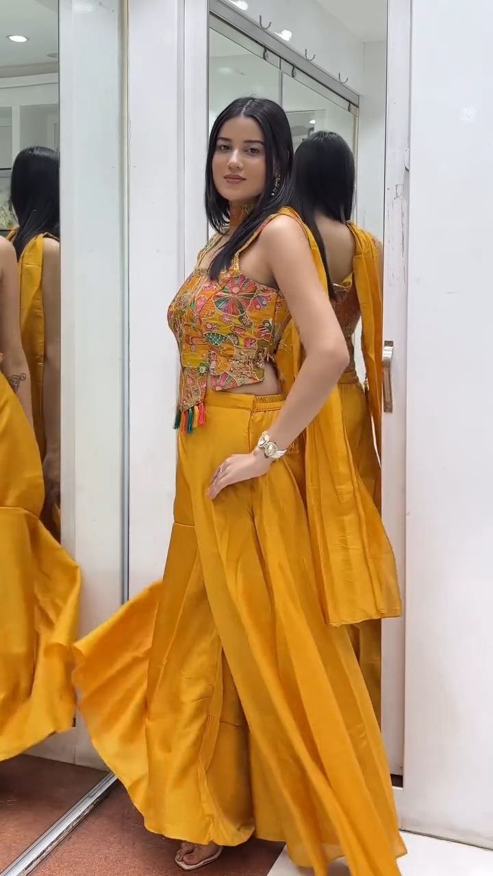 Mustard Yellow Multicolor Embroidered Palazzo Set