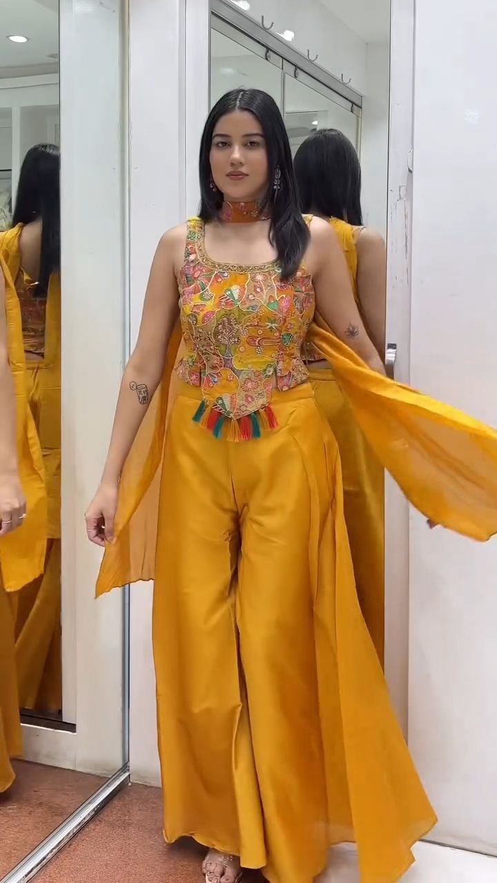 Mustard Yellow Multicolor Embroidered Palazzo Set
