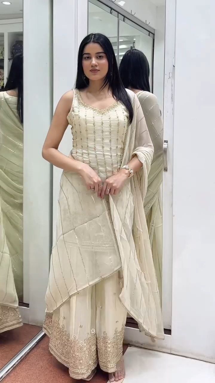 Ivory Gold Embroidered Sharara Suit