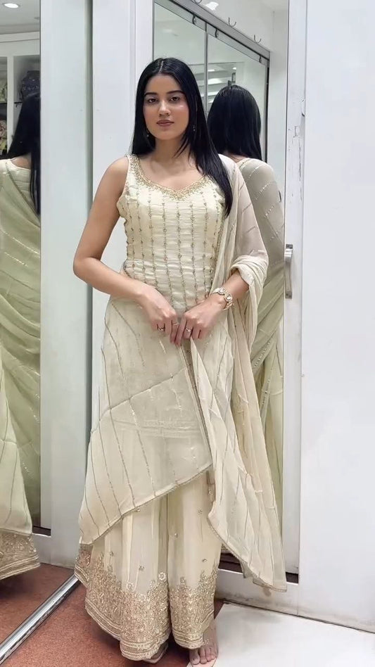 Ivory Gold Embroidered Sharara Suit