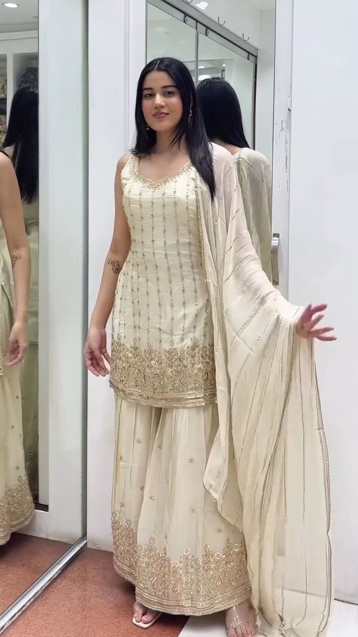 Ivory Gold Embroidered Sharara Suit