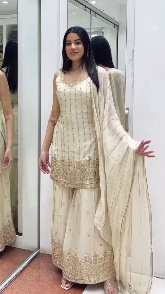 Ivory Gold Embroidered Sharara Suit