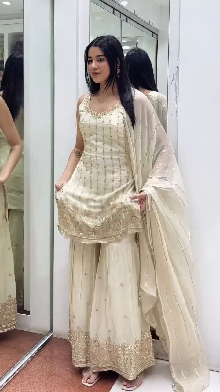 Ivory Gold Embroidered Sharara Suit