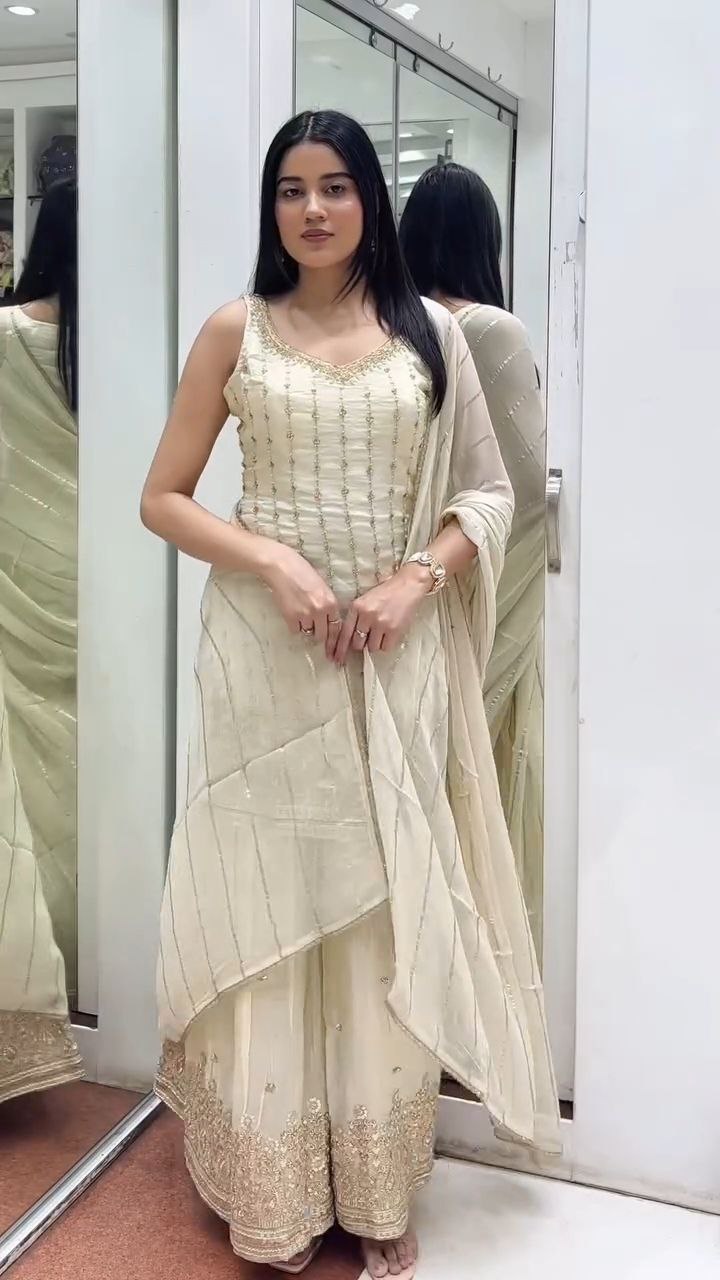 Ivory Gold Embroidered Sharara Suit