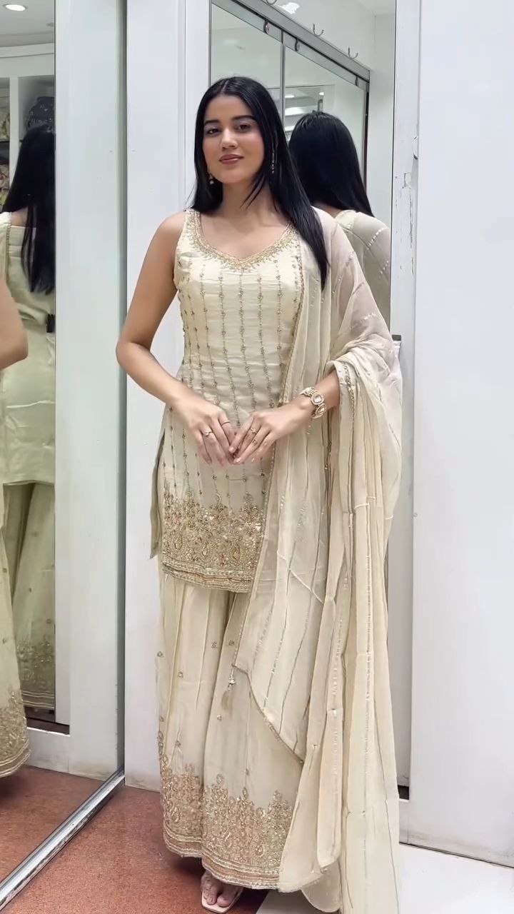 Ivory Gold Embroidered Sharara Suit