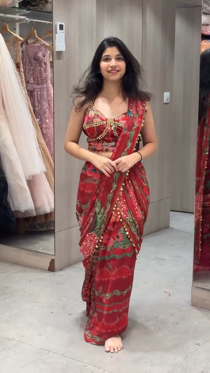 Red Printed Drape Saree Set