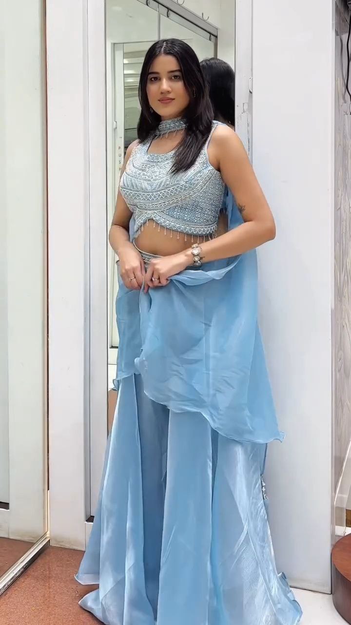 Powder Blue Embroidered Crop Top Palazzo Set with Dupatta