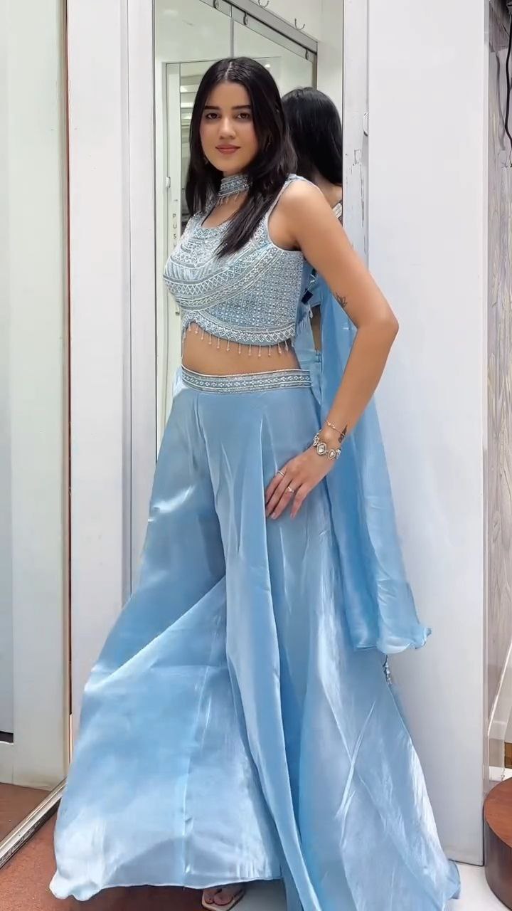 Powder Blue Embroidered Crop Top Palazzo Set with Dupatta