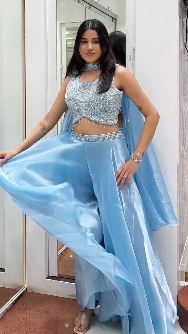 Powder Blue Embroidered Crop Top Palazzo Set with Dupatta