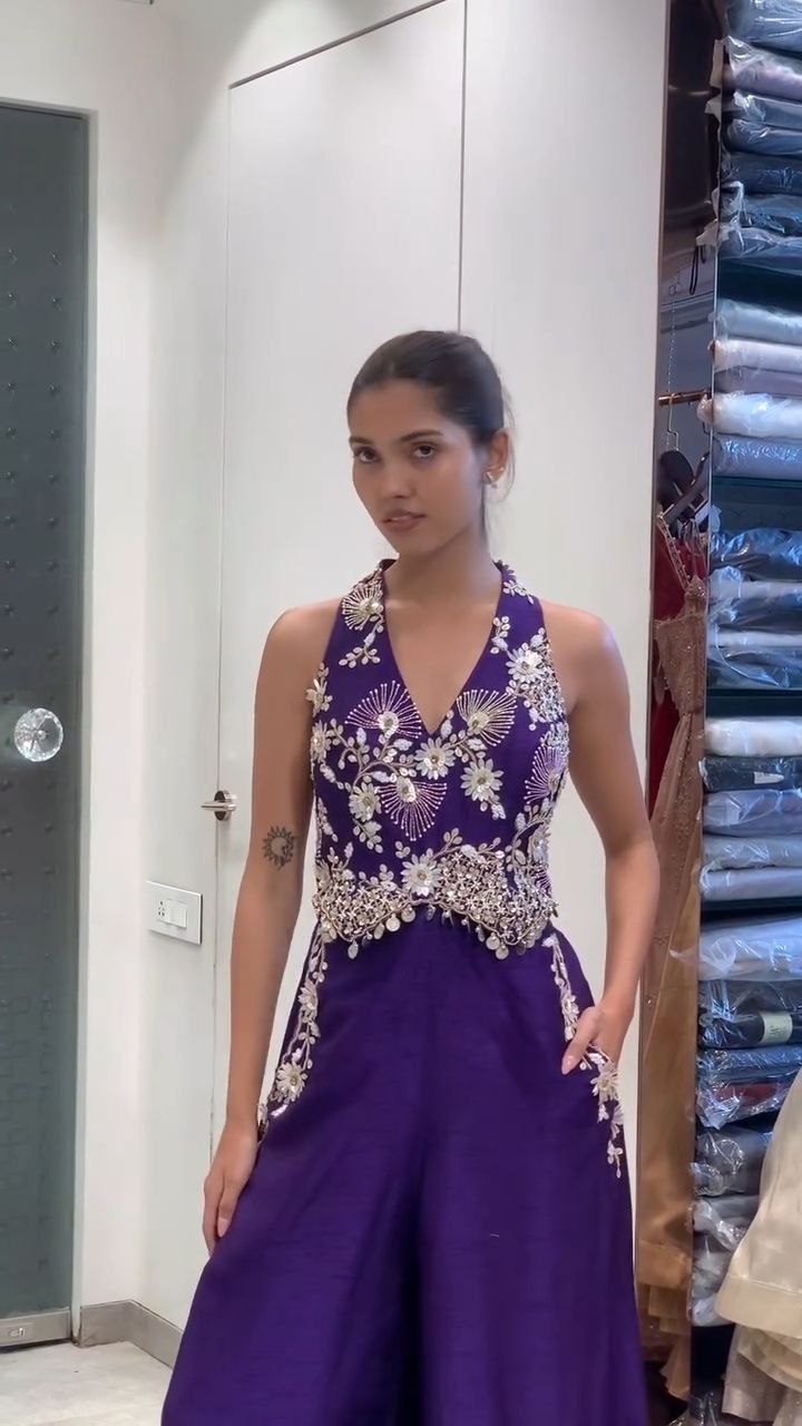 Royal Purple Embroidered Halter Neck Palazzo Jumpsuit