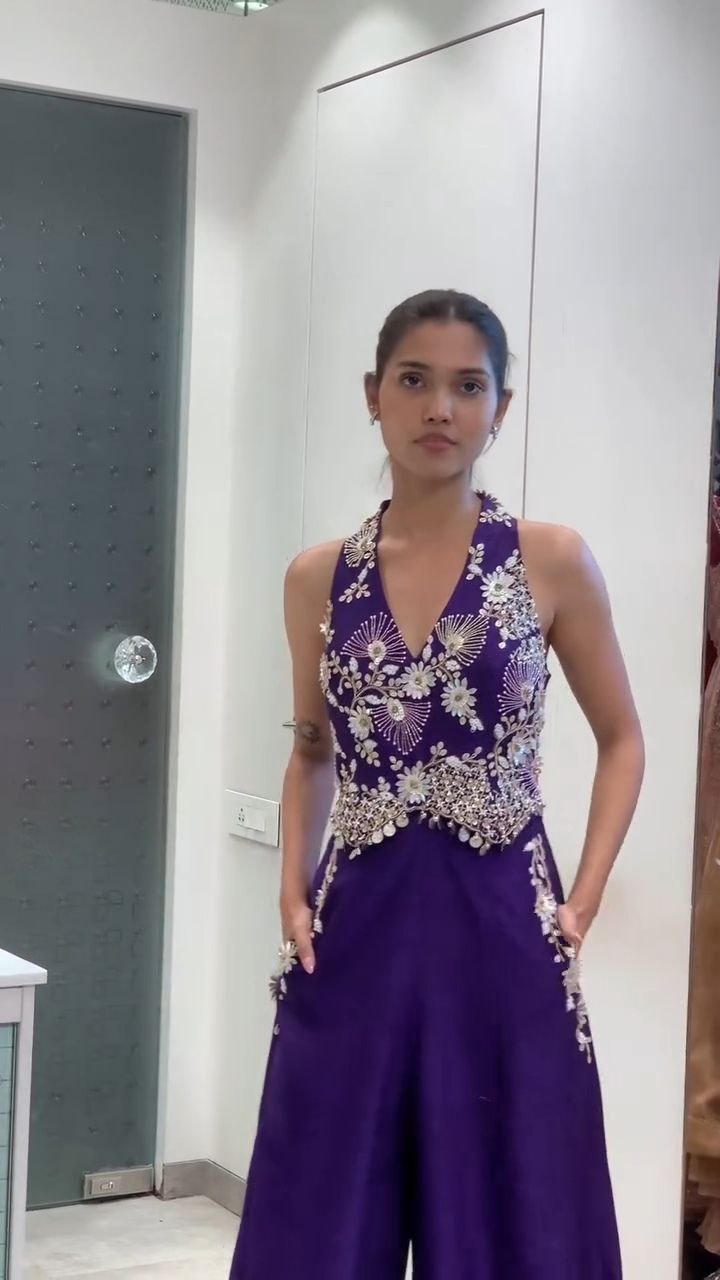 Royal Purple Embroidered Halter Neck Palazzo Jumpsuit