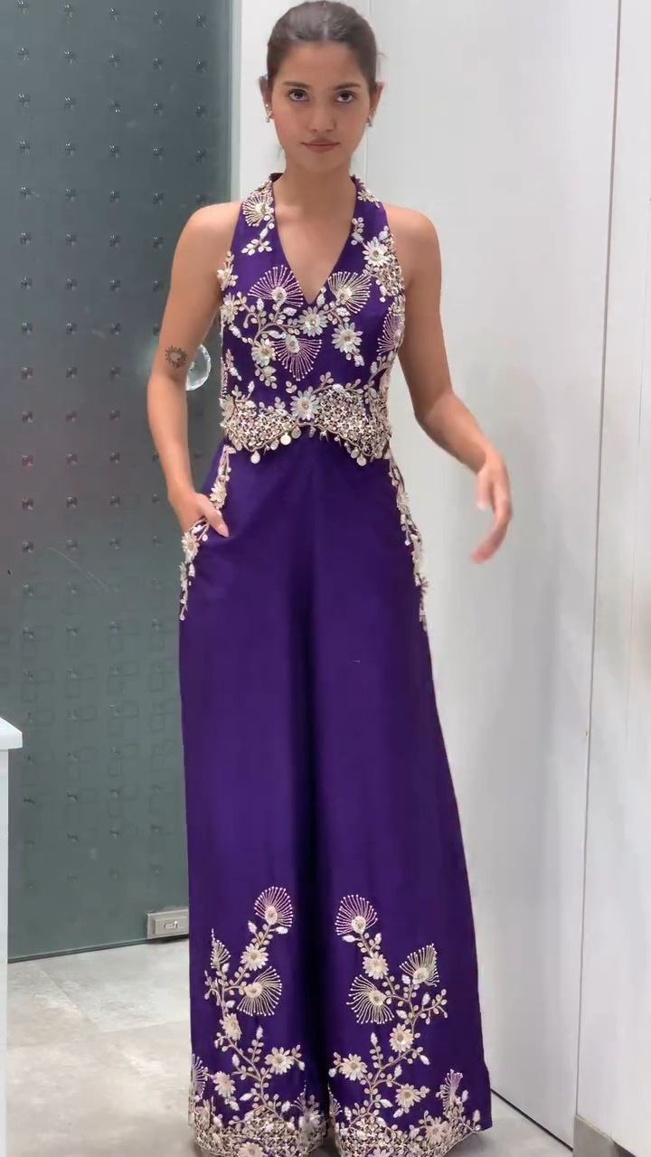 Royal Purple Embroidered Halter Neck Palazzo Jumpsuit