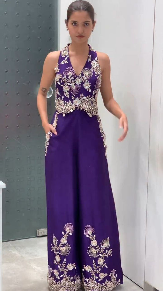 Royal Purple Embroidered Halter Neck Palazzo Jumpsuit