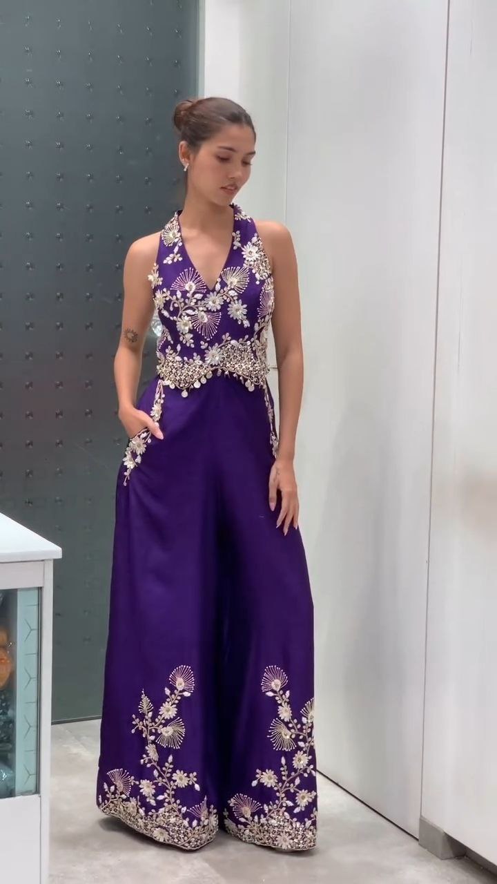 Royal Purple Embroidered Halter Neck Palazzo Jumpsuit