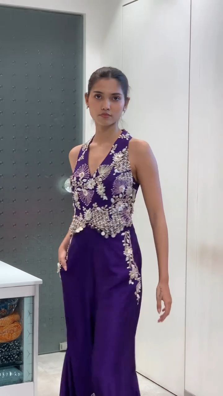 Royal Purple Embroidered Halter Neck Palazzo Jumpsuit