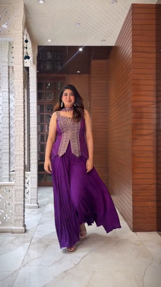 Royal Purple Embroidered Jacket Style Sharara Set