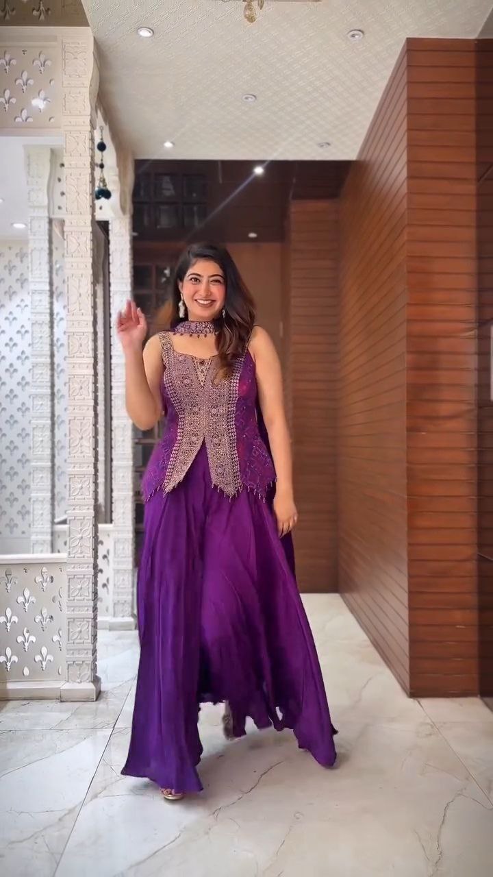 Royal Purple Embroidered Jacket Style Sharara Set