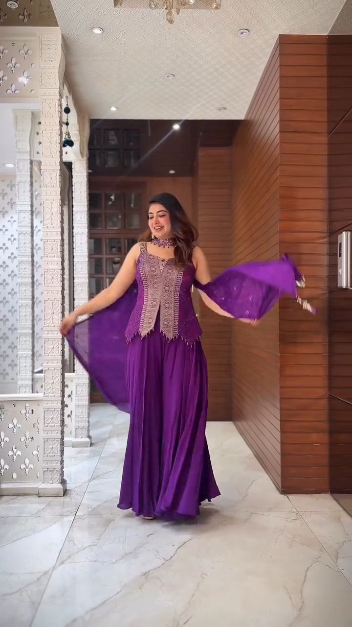 Royal Purple Embroidered Jacket Style Sharara Set