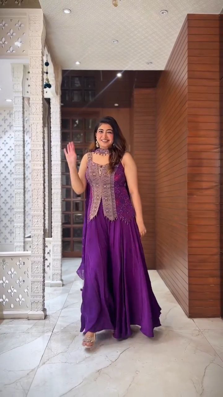 Royal Purple Embroidered Jacket Style Sharara Set