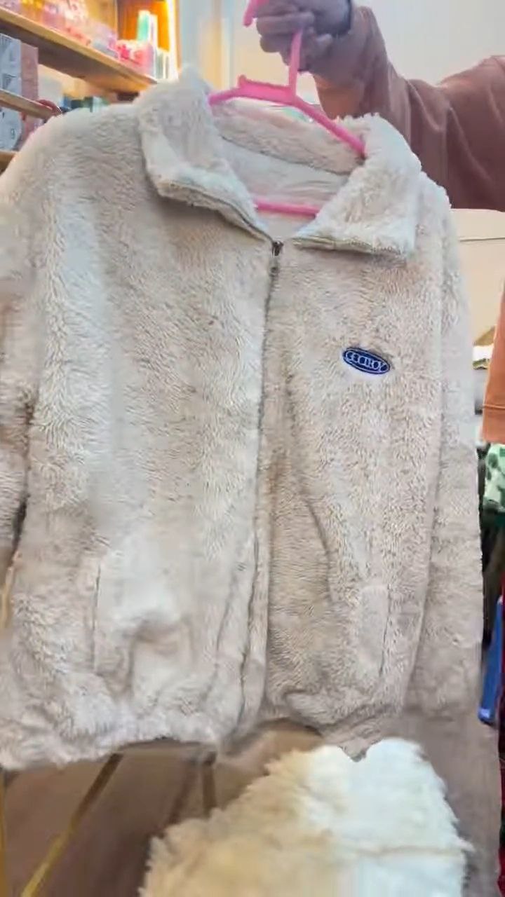 Beige Plush Winter Zip-Up Jacket for Women
