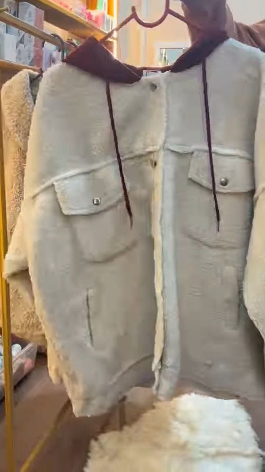Beige Plush Winter Zip-Up Jacket for Women
