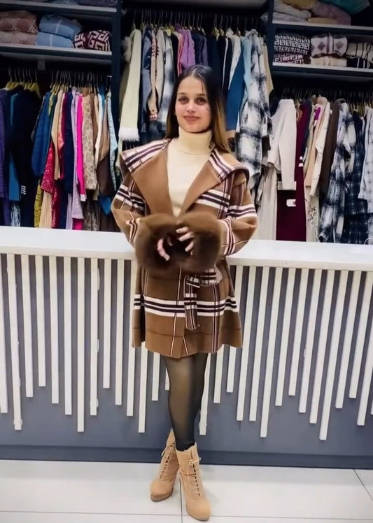 Women’s Checked Winter Coat with Belted Waist