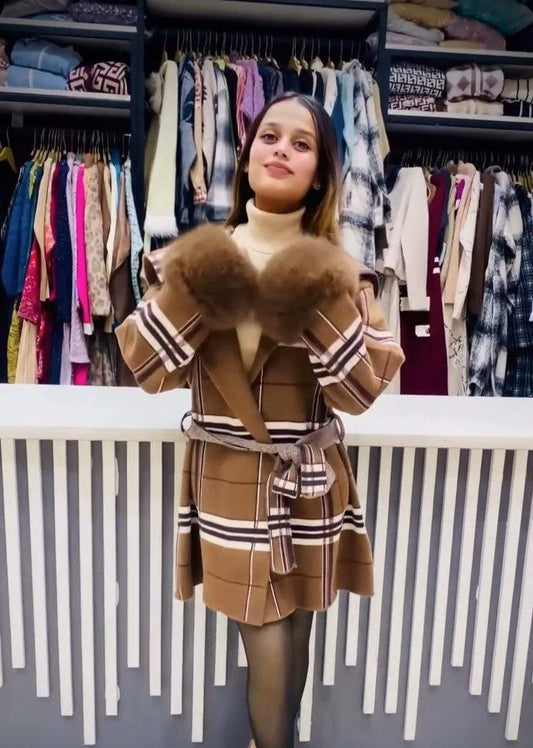 Women’s Checked Winter Coat with Belted Waist