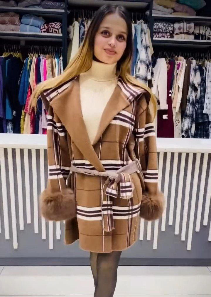 Women’s Checked Winter Coat with Belted Waist