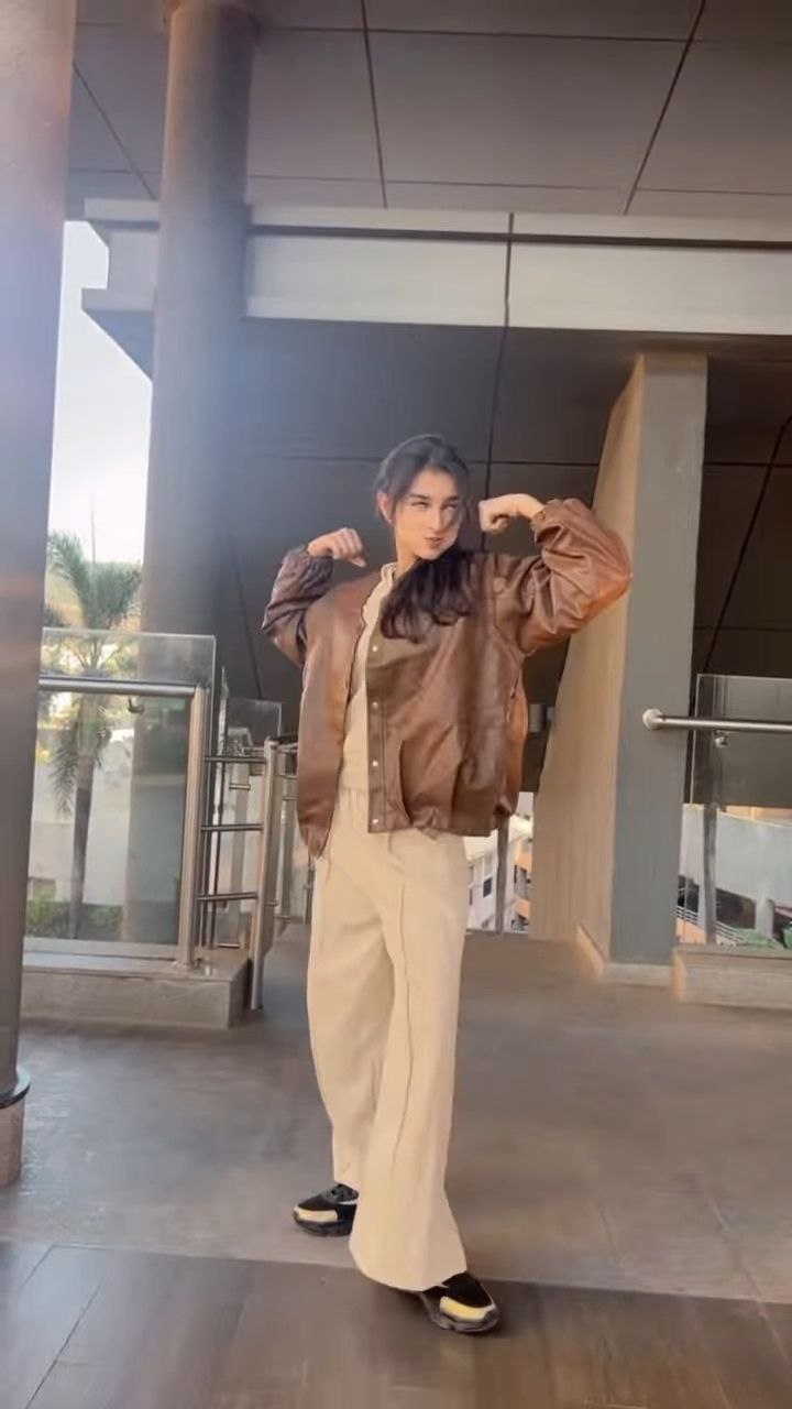 Brown Bomber Jacket with Neutral Co-Ord Styling