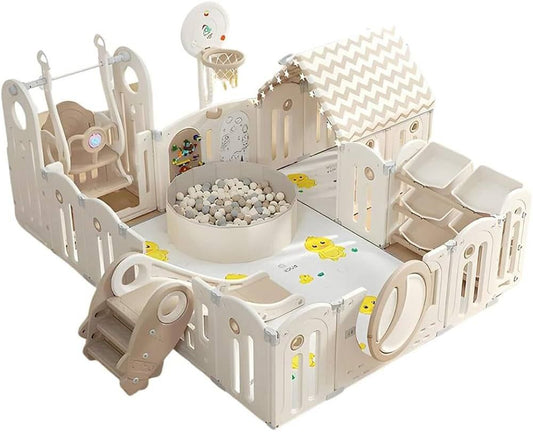 Multi-Activity Baby Playpen with Slide, Swing, Ball Pit and Playhouse