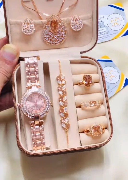 Rose Gold Crystal Jewelry & Watch Gift Set