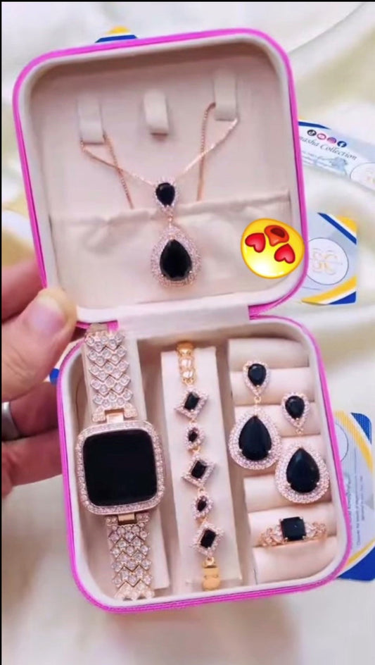 Rose Gold Black Teardrop Jewelry & Watch Gift Set