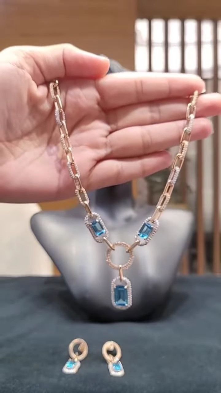 Rose Gold Blue Stone Statement Necklace Set