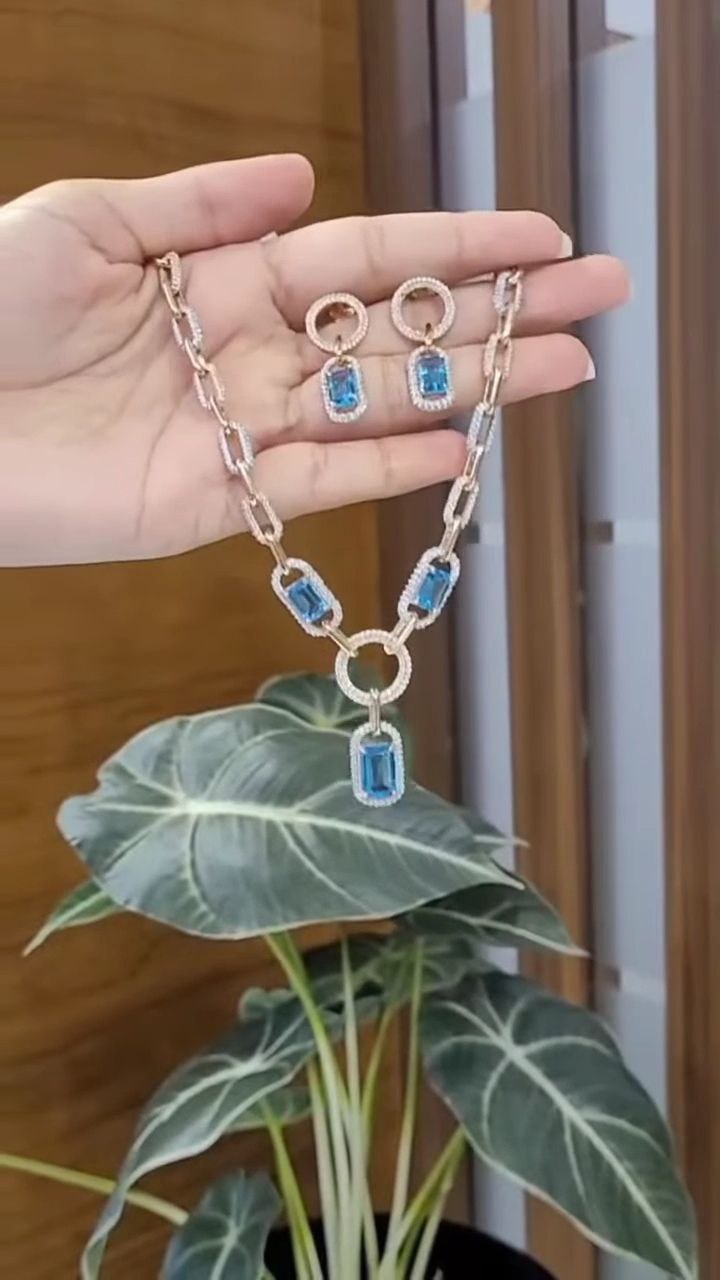 Rose Gold Blue Stone Statement Necklace Set