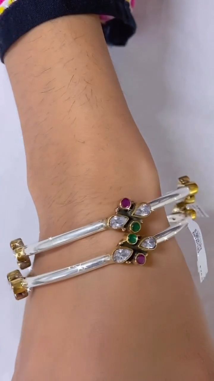 Elegant Dual-Tone Silver Bangles with Ruby & Emerald Accents