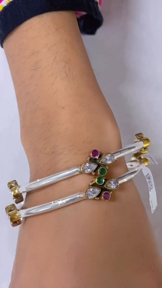 Elegant Dual-Tone Silver Bangles with Ruby & Emerald Accents