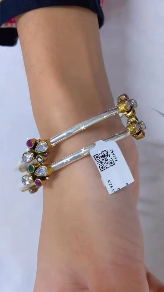 Elegant Dual-Tone Silver Bangles with Ruby & Emerald Accents