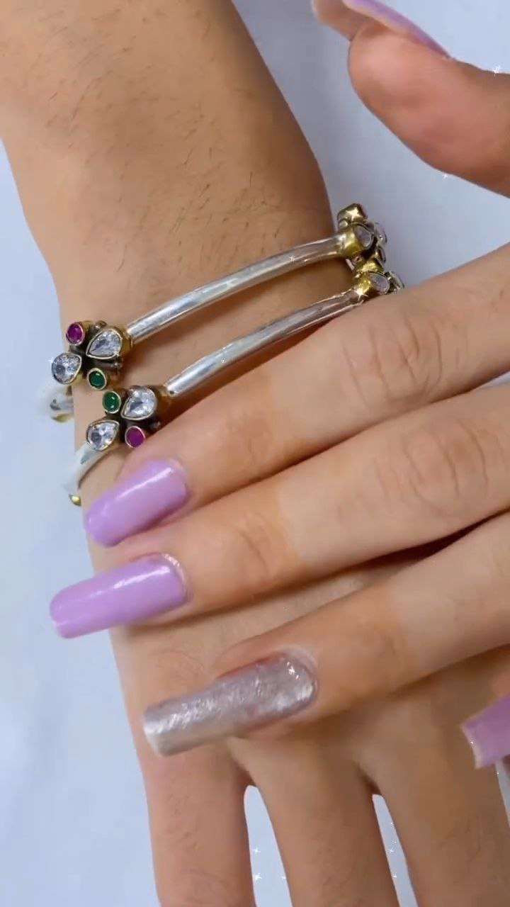 Elegant Dual-Tone Silver Bangles with Ruby & Emerald Accents