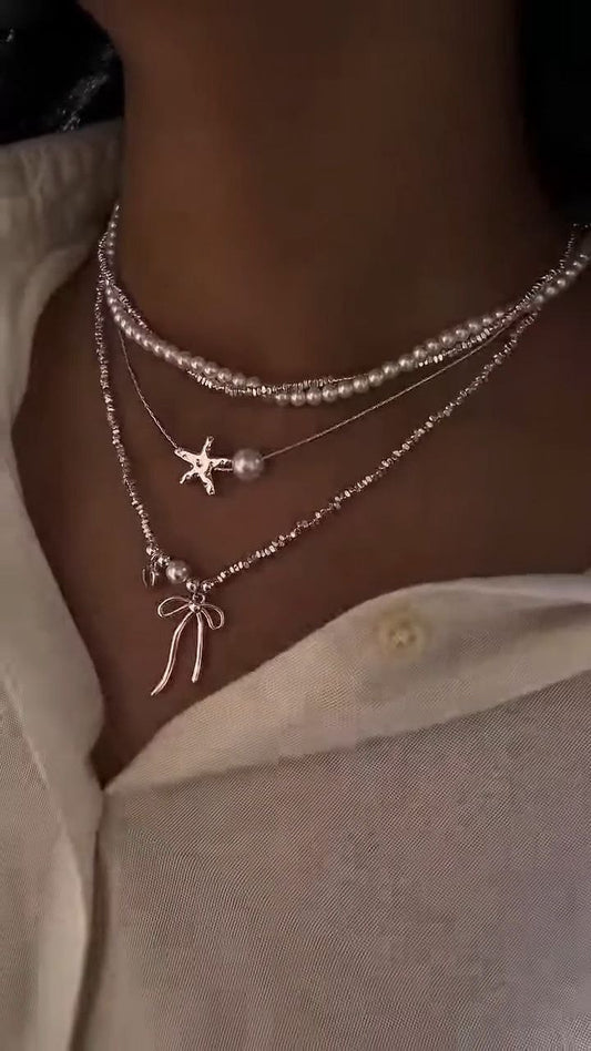 Layered Pearl & Bow Charm Necklace