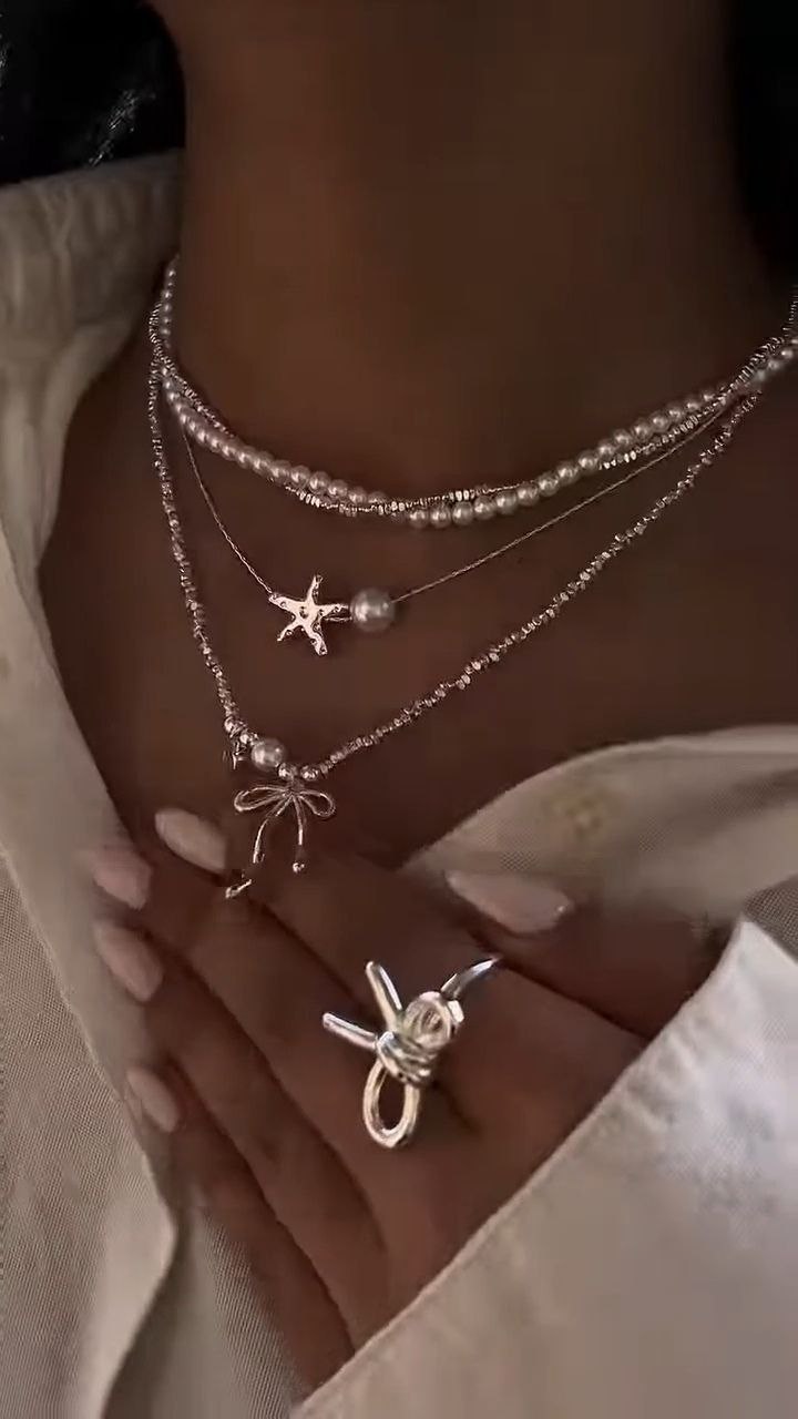 Layered Pearl & Bow Charm Necklace