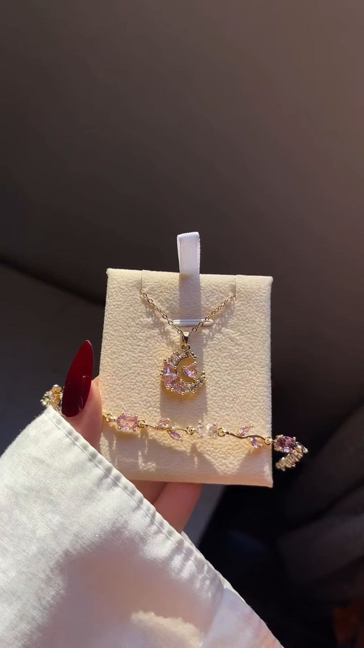 Crescent Pendant Necklace with Pink Crystal Bracelet Set