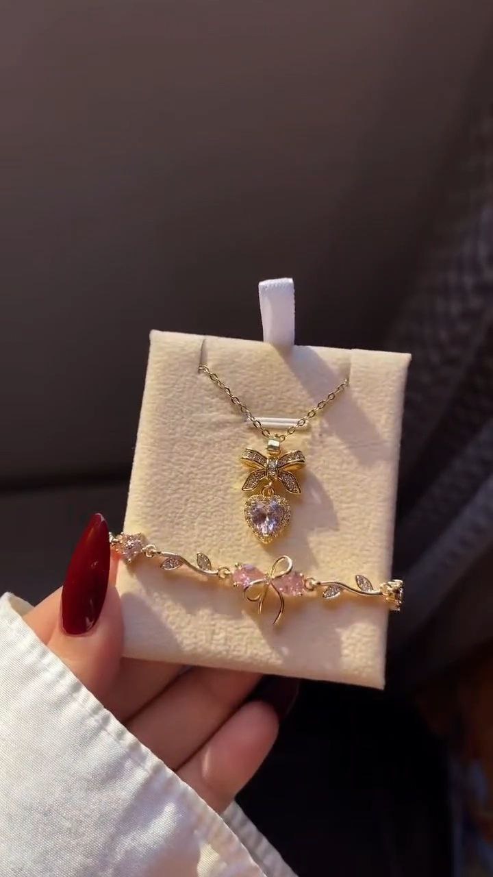 Crescent Pendant Necklace with Pink Crystal Bracelet Set