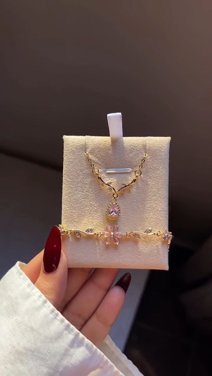 Crescent Pendant Necklace with Pink Crystal Bracelet Set
