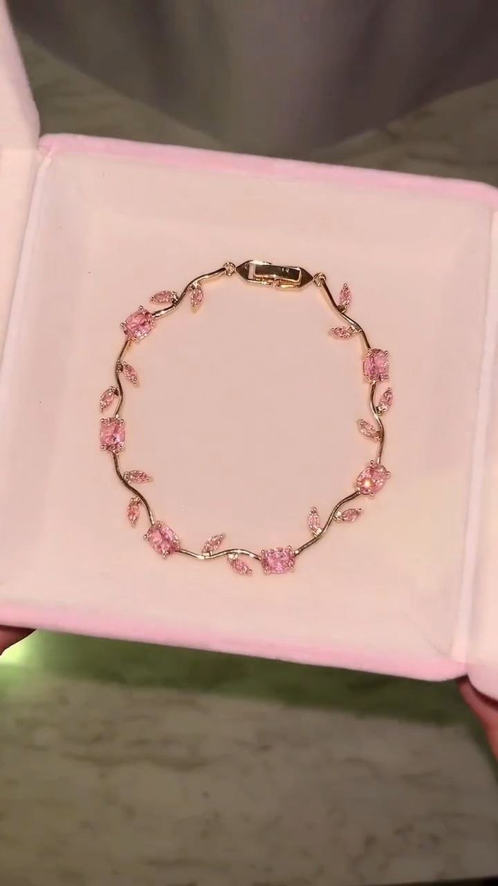 Pink Blossom Crystal Bracelet in Gold Finish