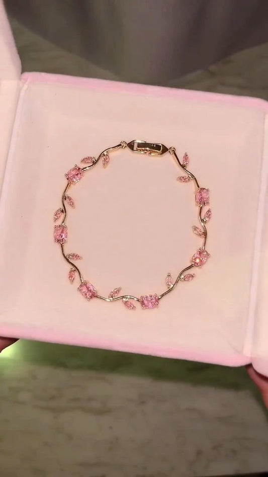 Pink Blossom Crystal Bracelet in Gold Finish
