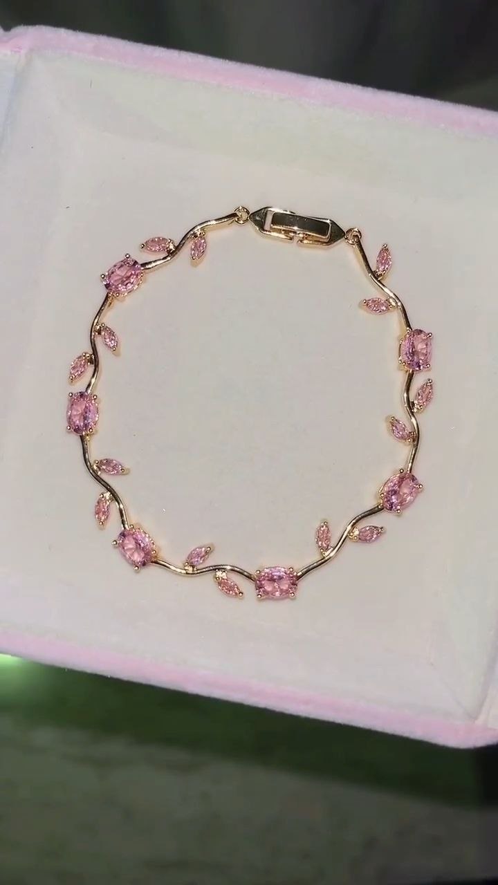 Pink Blossom Crystal Bracelet in Gold Finish